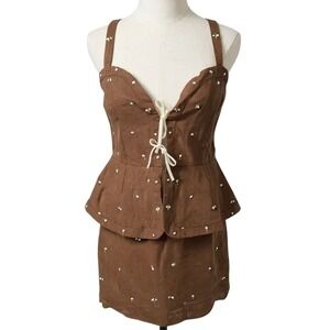 NEW Fanm Mon XL Floral Embroidered Peplum Mini Dress Brown Sleeveless